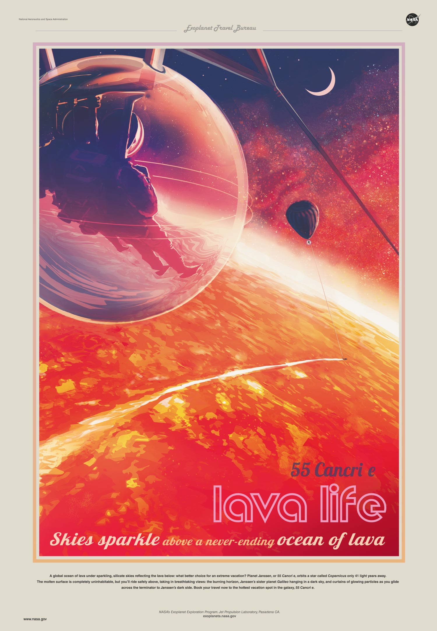 a poster reading "55 Cancri e / lava life / skies sparkle above a never-ending ocean of lava"