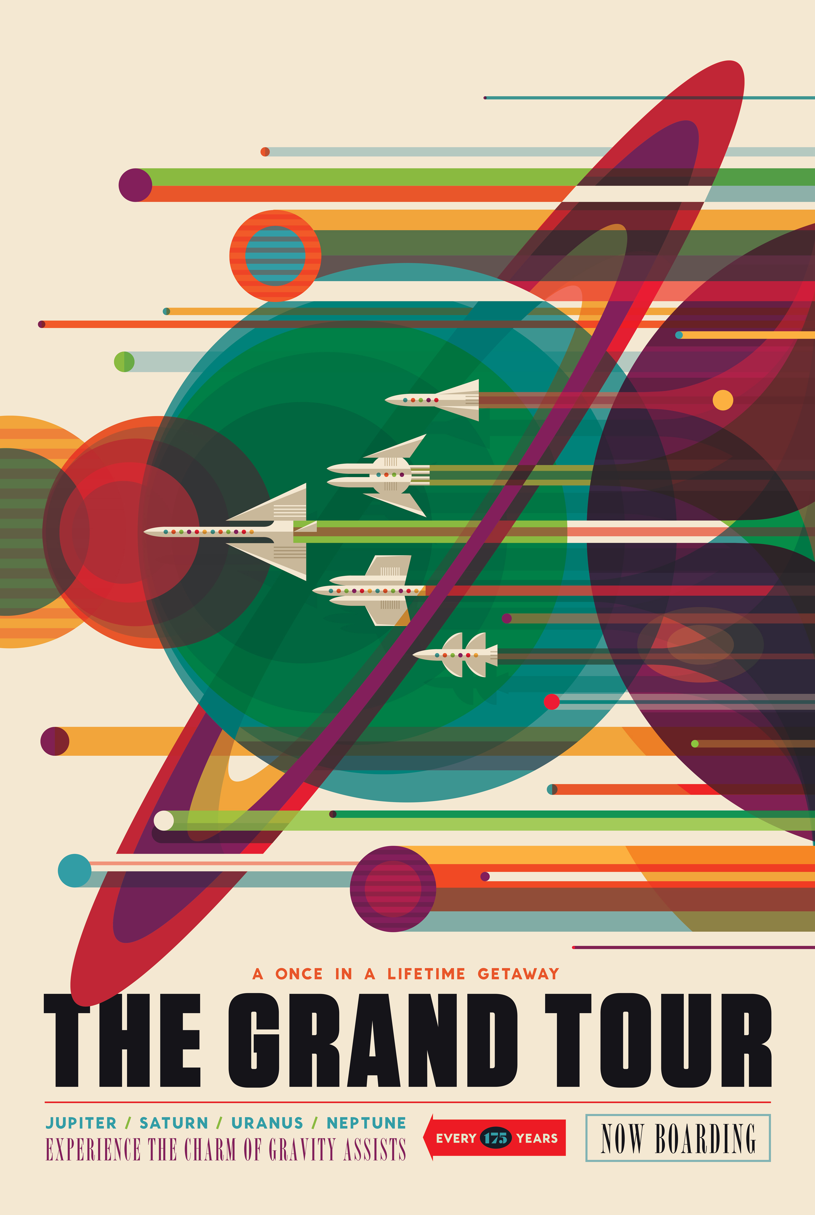 a poster advertising "The Grand Tour"; a once in a lifetime getaway. Jupiter / Saturn / Uranus / Neptune; experience the charm of gravity assists; every 175 years. Now boarding.