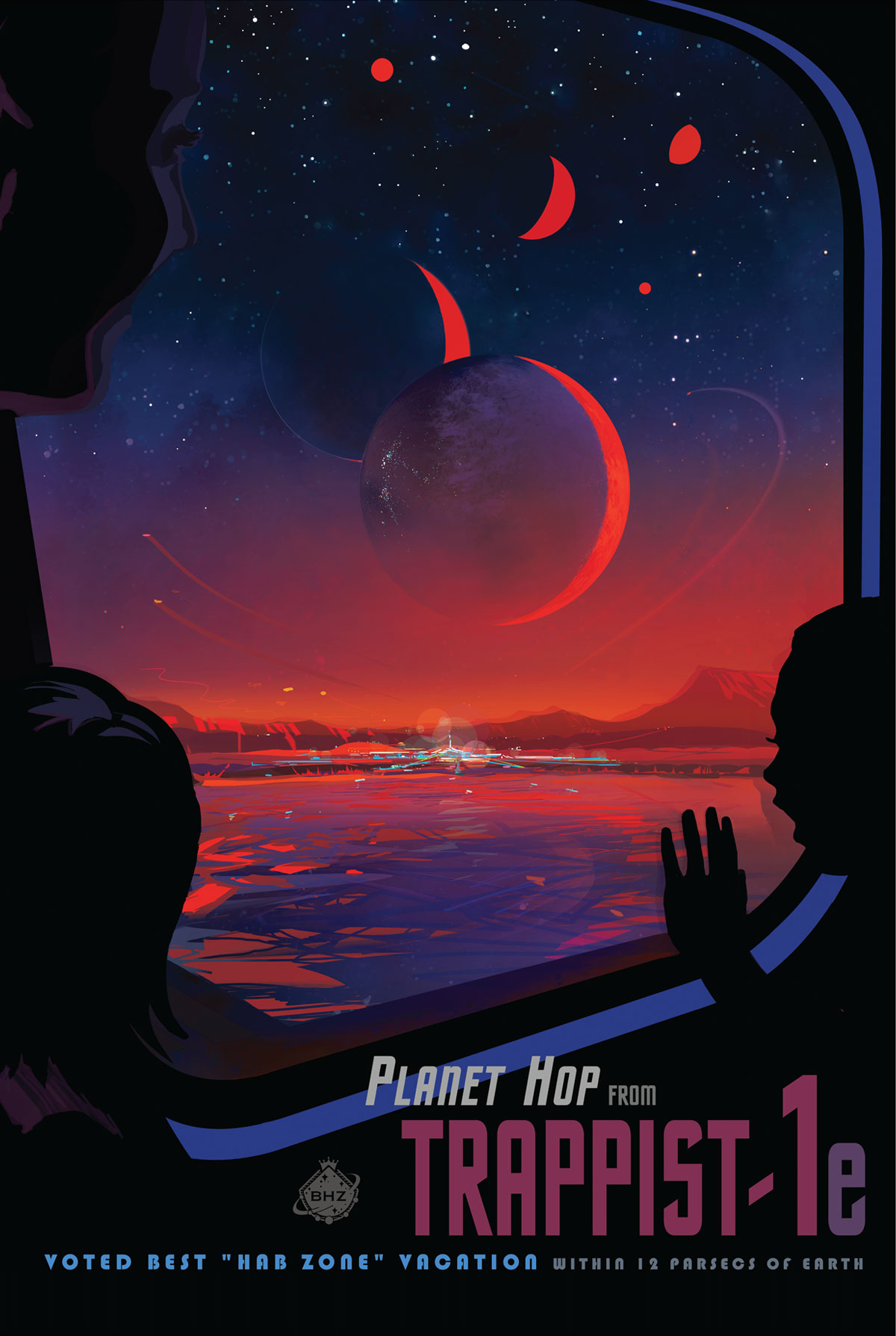 a poster reading "planet hop from Trappist-1e / voted best 'hab zone' vacation within 12 parsecs of earth"